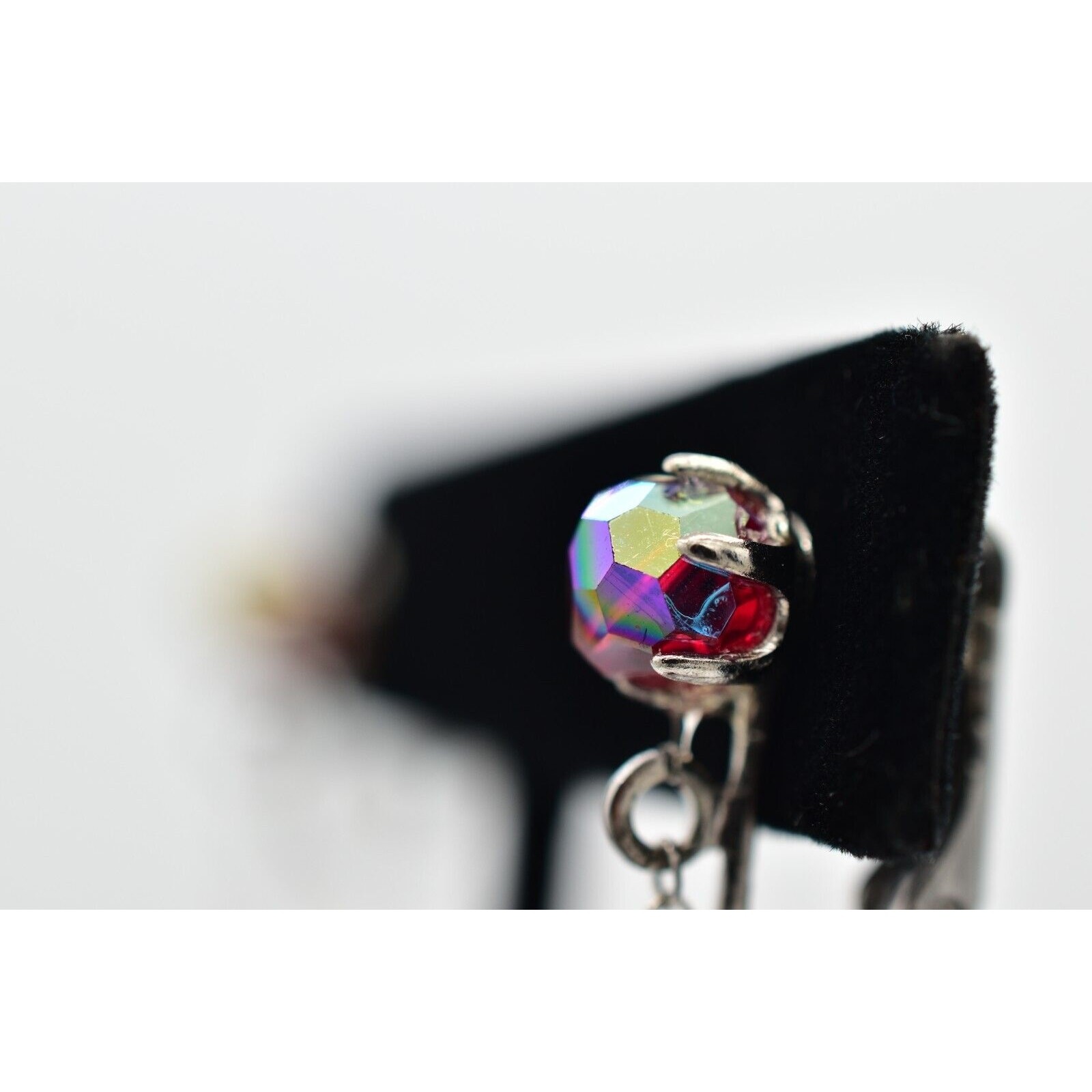Vintage Red AB Crystal Clip On Earrings Dangle Drop Aurora Borealis 1950s A24