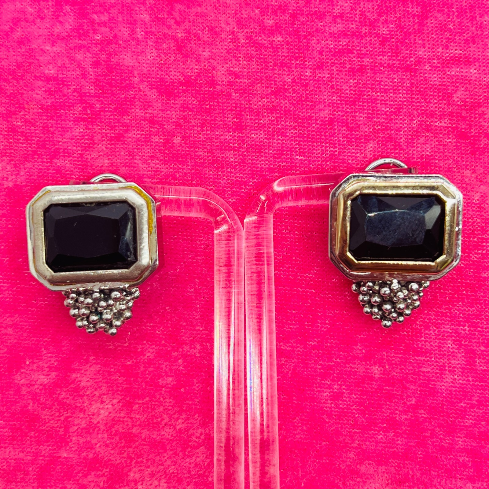 Vintage EXP Signed Silver Tone Earrings Black Stone Square Cut Grape Rectangle