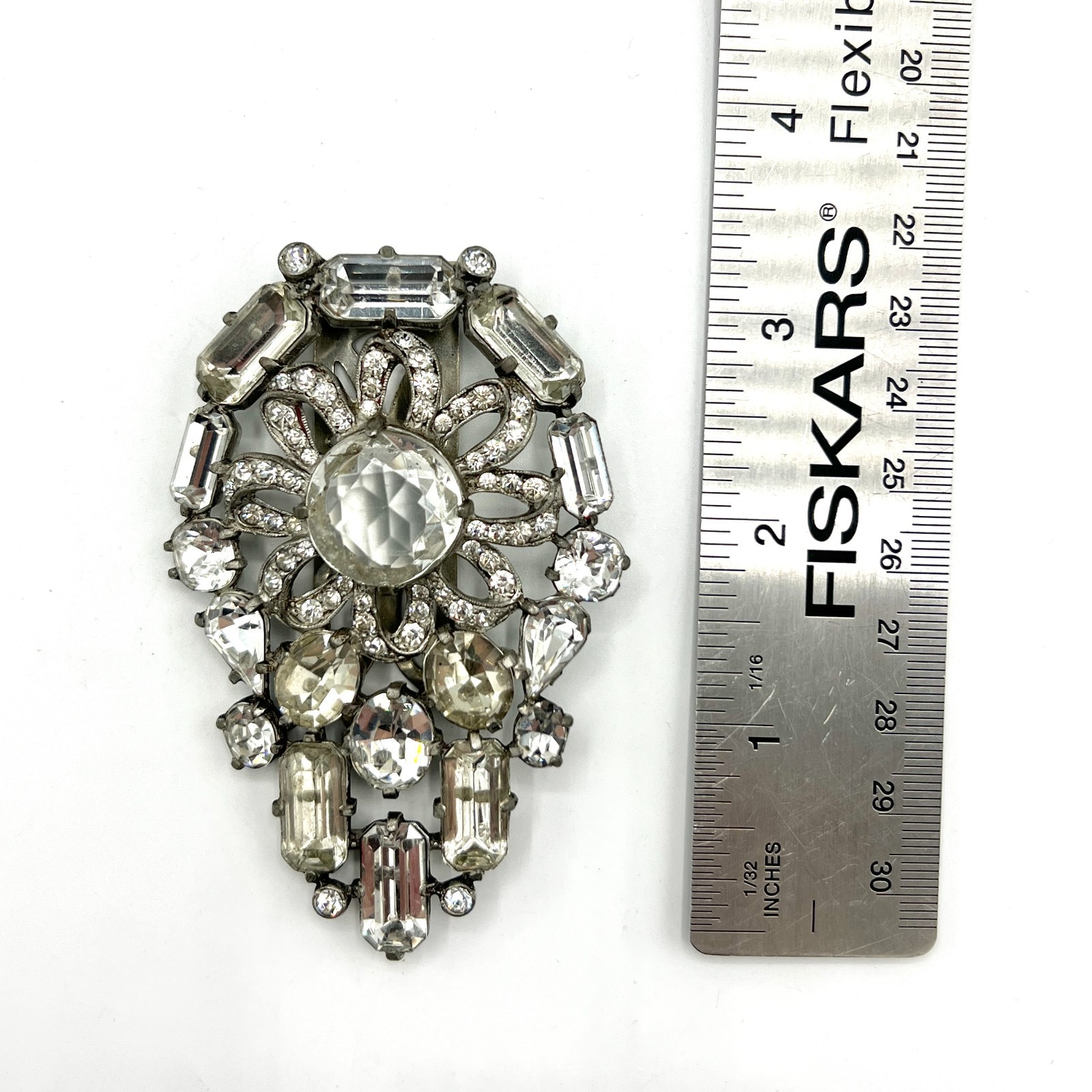 Vintage Eisenberg Original Signed Clear Rhinestone Dress Clip Art Deco Pot Metal