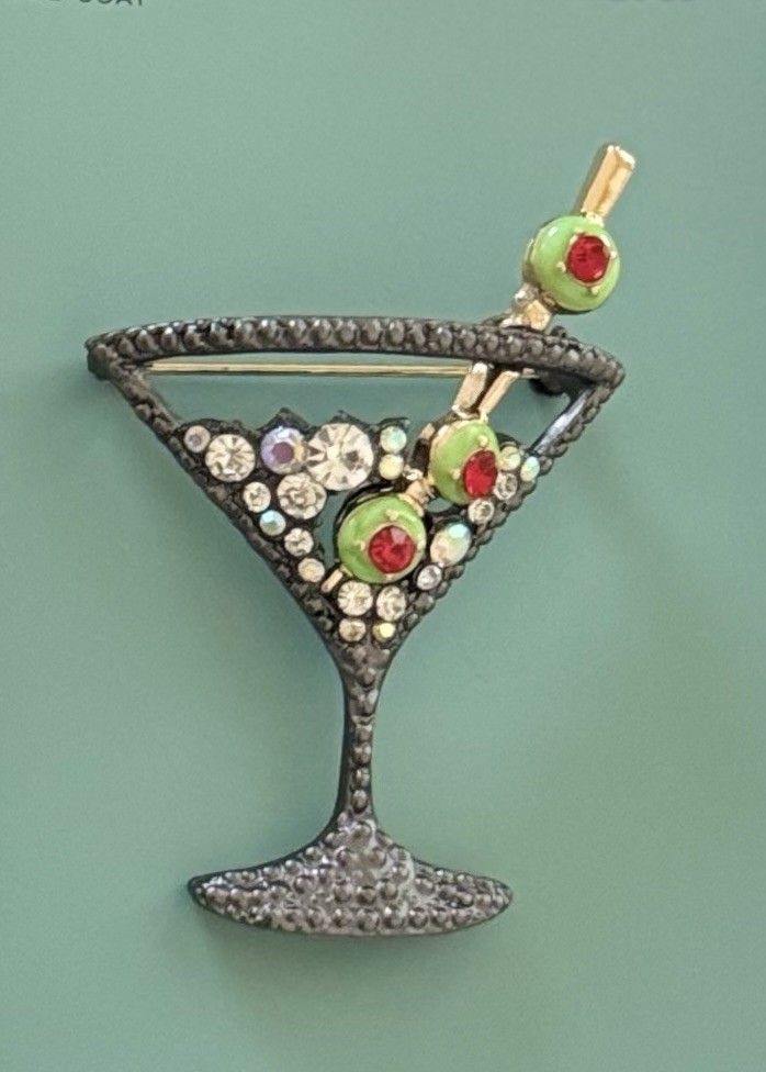 Vintage style Martine glass w/olives brooch enamel on gold tone metal