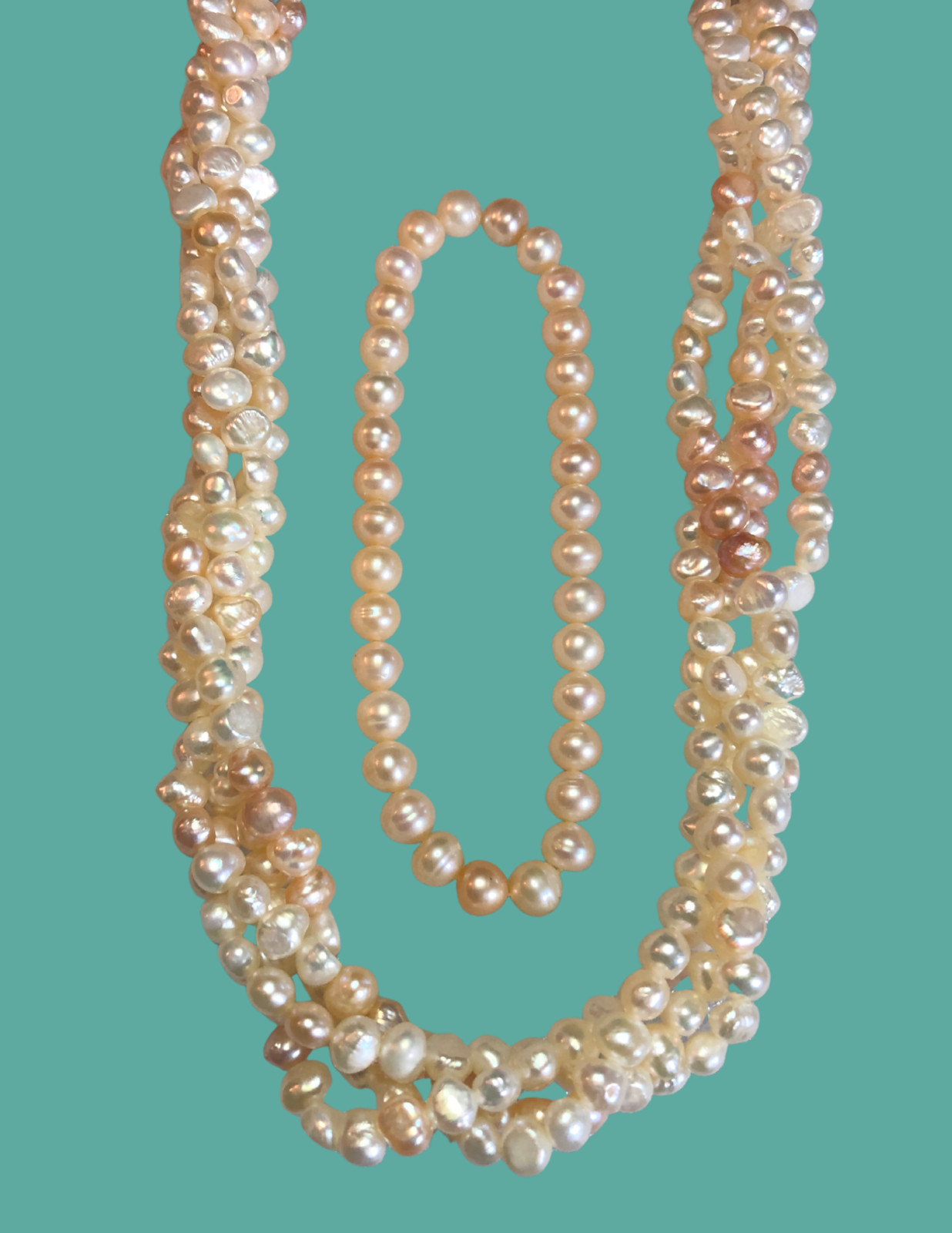 Vintage Peach Cream Cultured Pearl Multi Strand Necklace +Stretch Bracelet P9