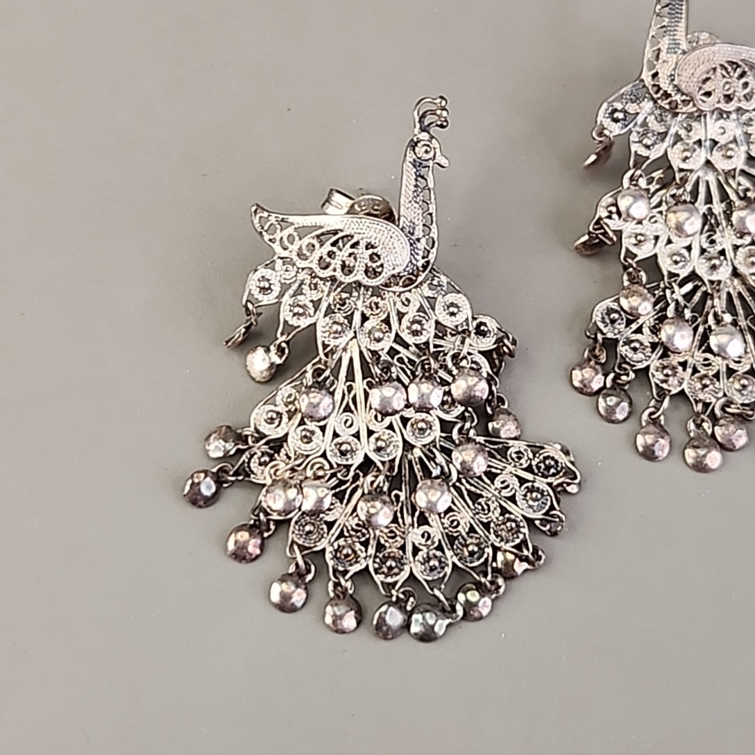 Vintage Sterling Silver Peacock Earrings Cannetille Filigree Articulated Dangles