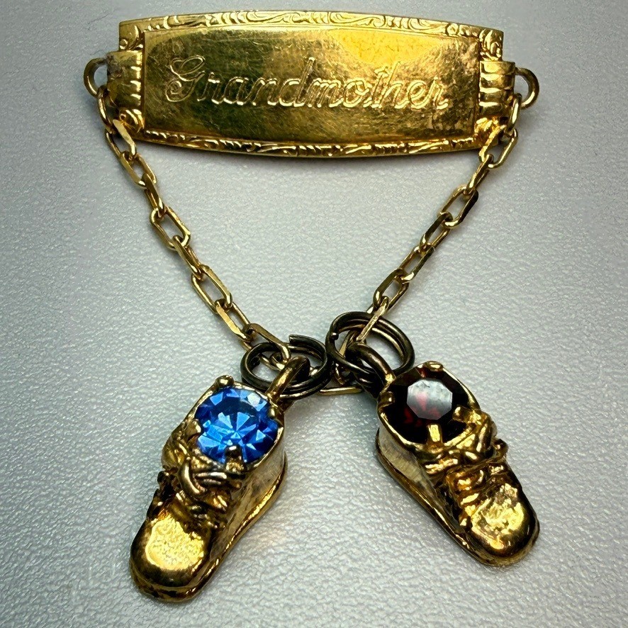 Vintage Vermeil Grandmother Brooch with Baby Shoe Charms Red Blue Stones Signed
