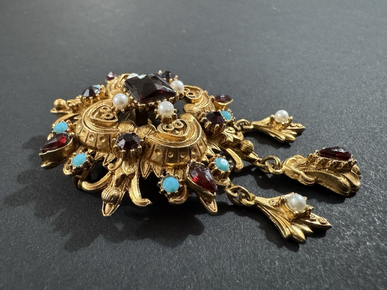 Vintage FLORENZA Signed Brooch Earrings Set Renaissance Revival Demi Parure