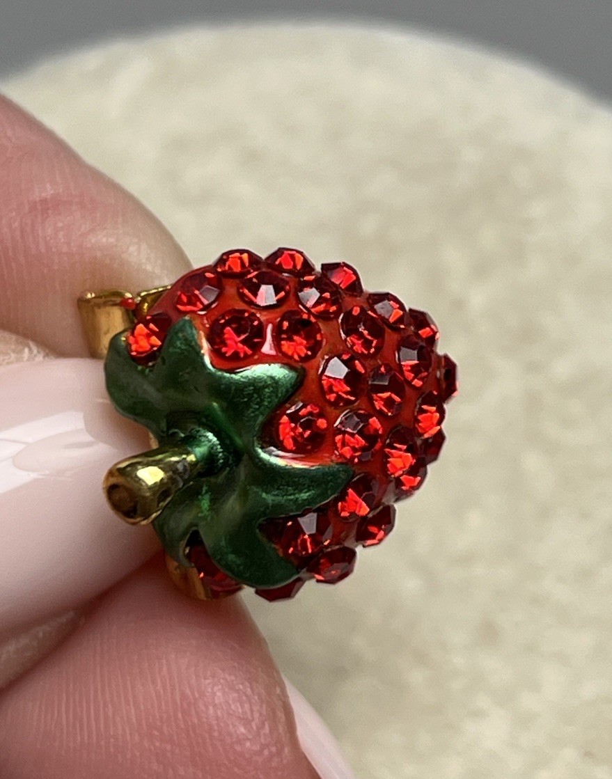 Vintage Tiny Red Rhinestone Strawberry Brooch .75”