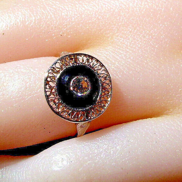 Original EARTH MINED DIAMOND Onyx Deco Engagement Ring Antique PLATINUM Filigree