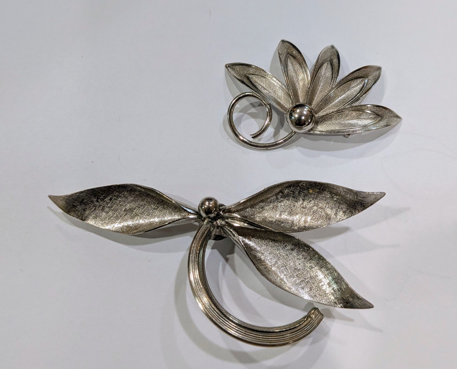 Vintage Silver-Tone Leaf & Feather Brooch Lot, Set of 2, Unsigned