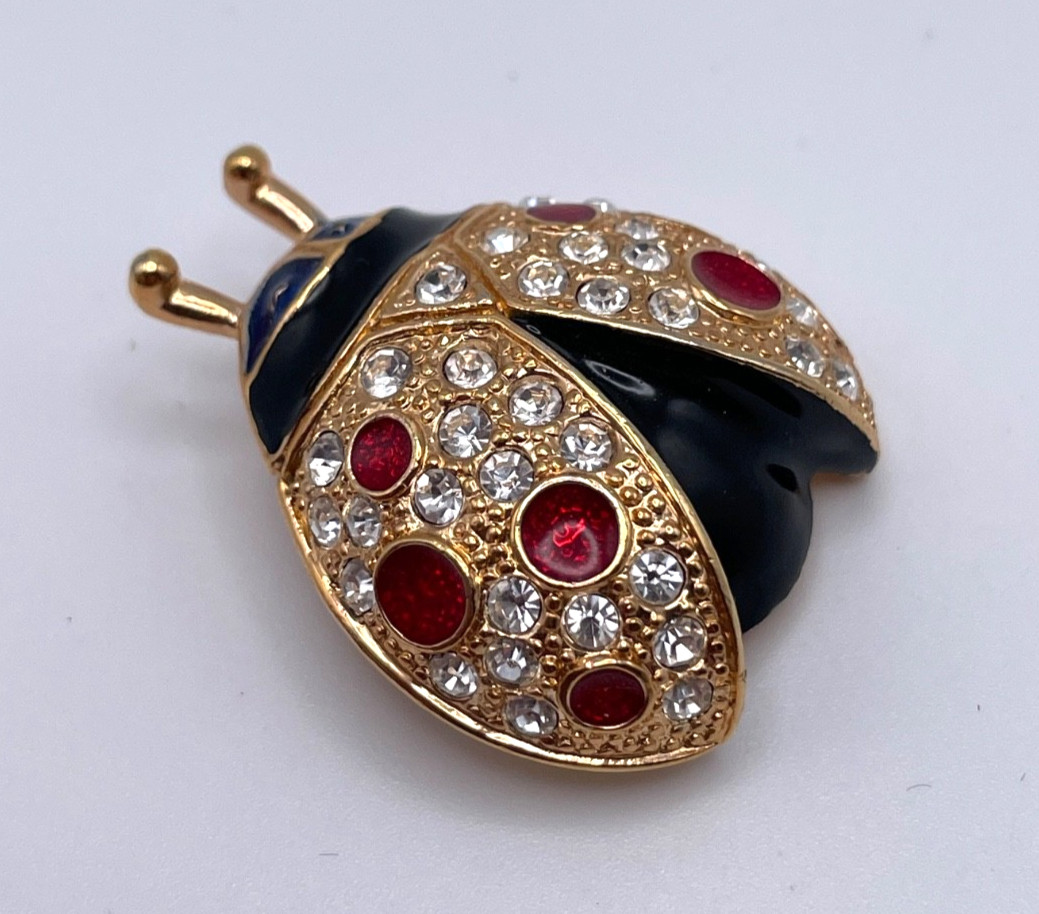 Vintage Roman Signed Gold Tone Ladybug Brooch Pin Red Clear Rhinestones Enamel