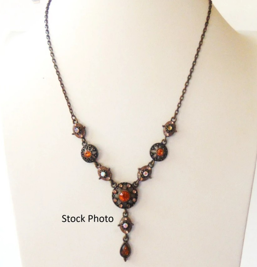 Vintage Nina Ricci Bronze Y Necklace Amber Orange Aurora Borealis Drop