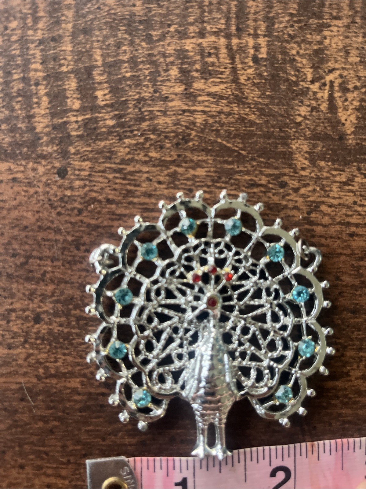 Vintage Peacock Pendant Filigree Rhinestone Statement Silver Tone Large No Chain