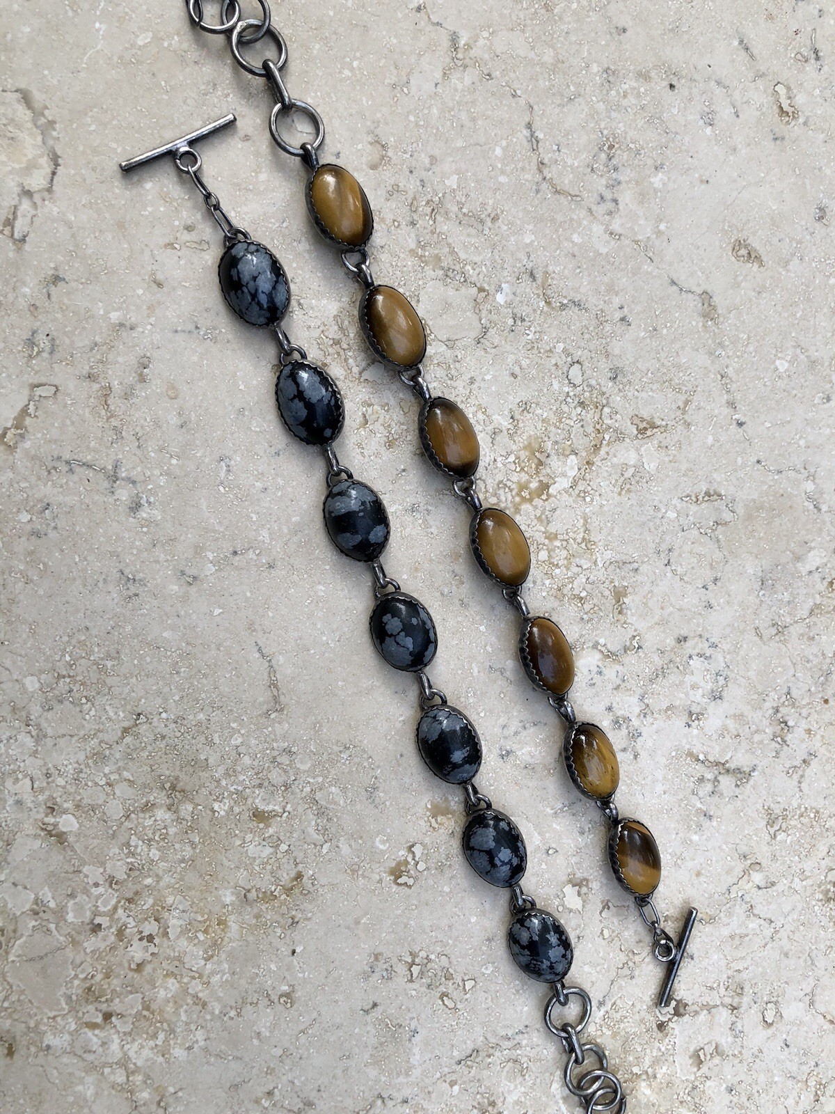 🐯🖤 ✨VINTAGE STERLING SILVER TIGER’S EYE OBSIDIAN Toggle Bracelet Set LOT ✨🖤🐯