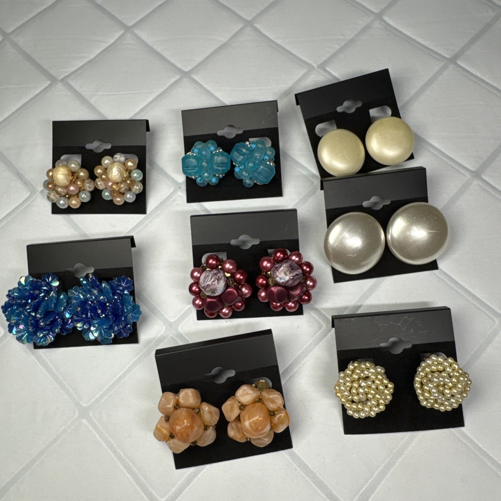 Vtg Earring Lot 8 Beaded Clip On Cluster Pearl Lucite Hong Kong Japan Marvella