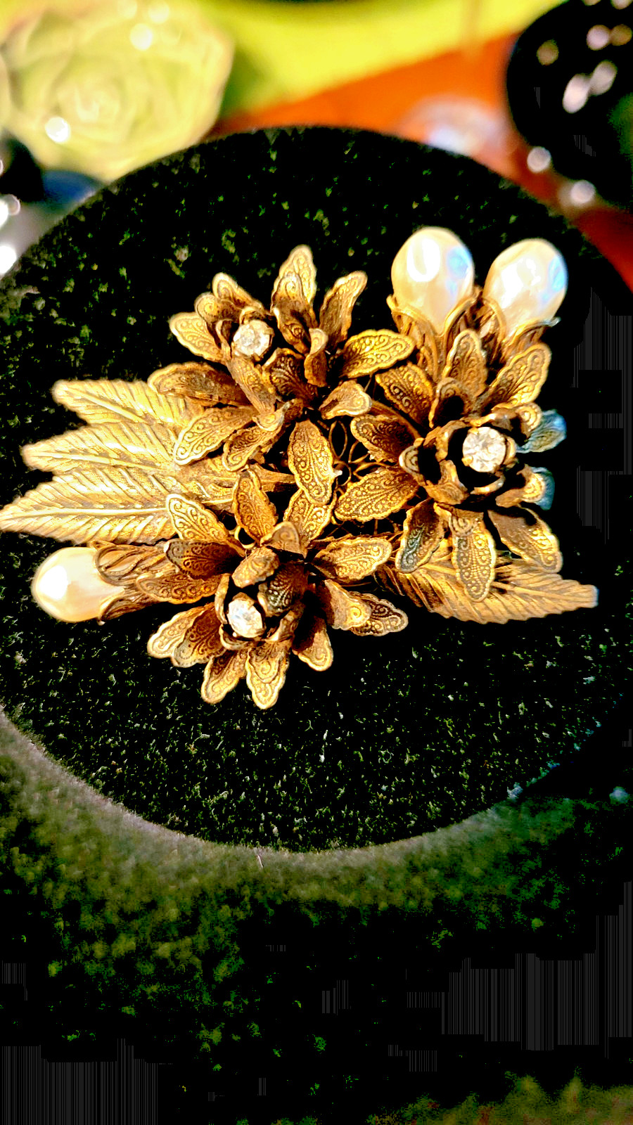 Vintage bronze color metal brooch pin, faux pearls and rhinestones, 2+3/4″ by 2″