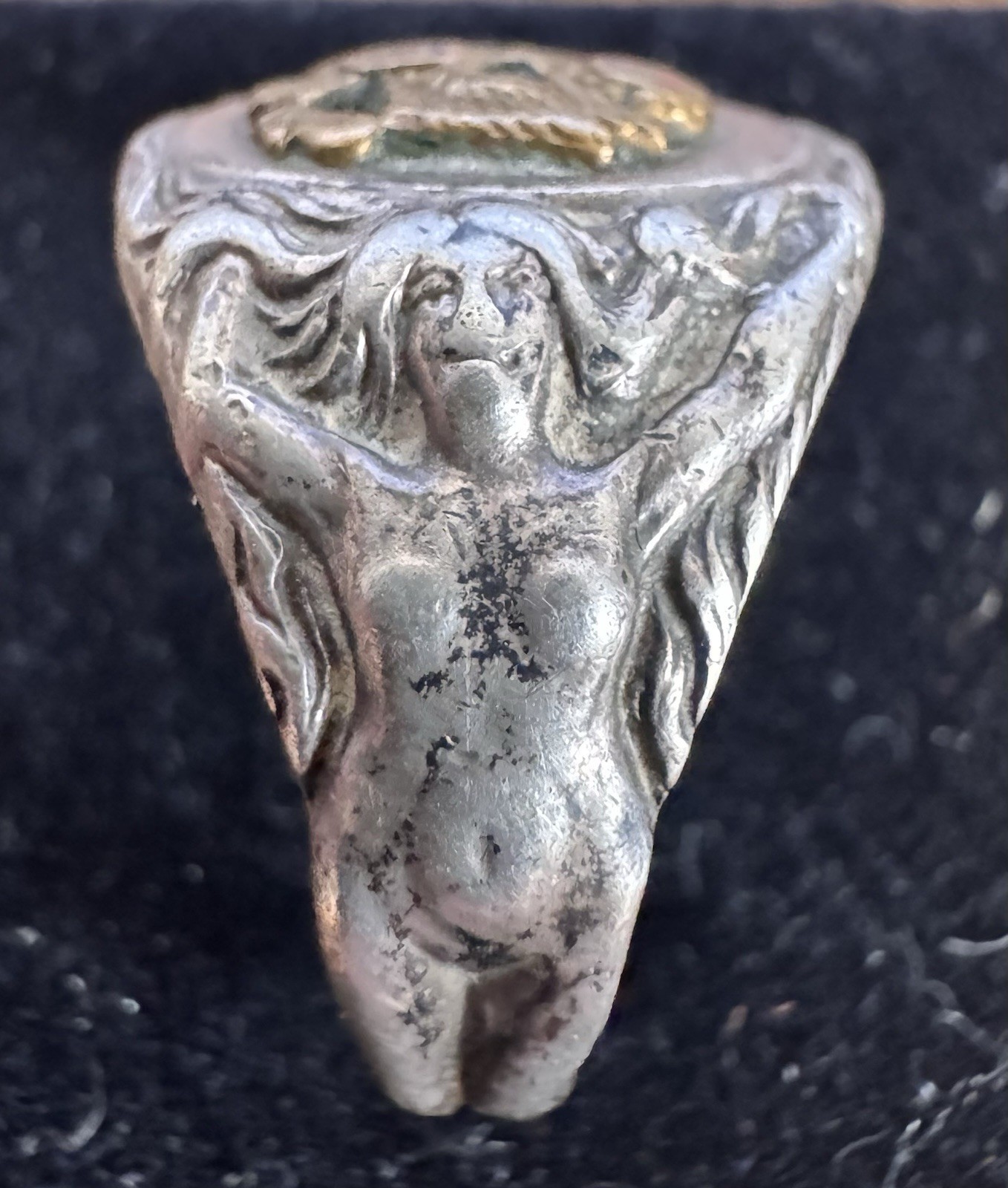 Vintage US Army Eagle & Art Nouveau Style Nude Woman Sterling Silver Signet Ring