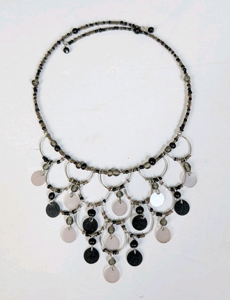 Vintage 90s Y2K Gothic Style Silver Tone Black Beaded Adj Choker Necklace