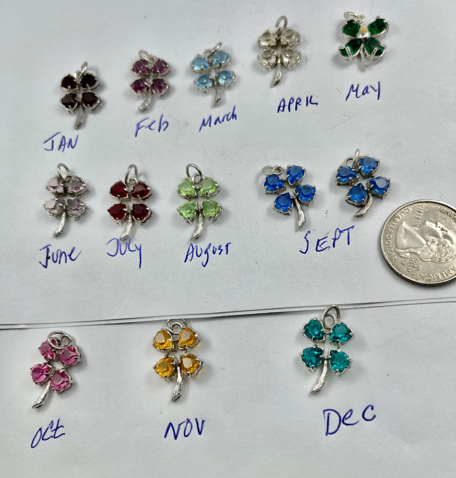 Vintage Mid Century Sterling Silver Rhinestone Birthday Clover Charms Pendants