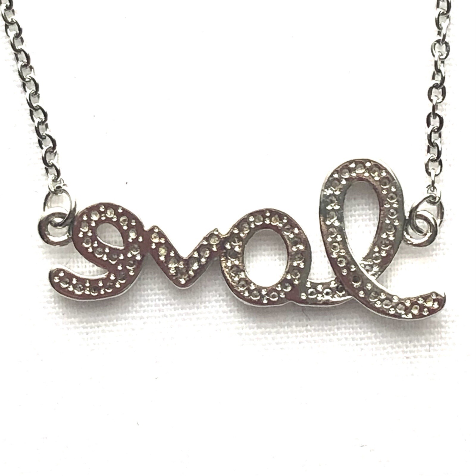 Dainty Rhinestone Love Cursive Word Pendant Necklace Silver Tone Adjustable 21”