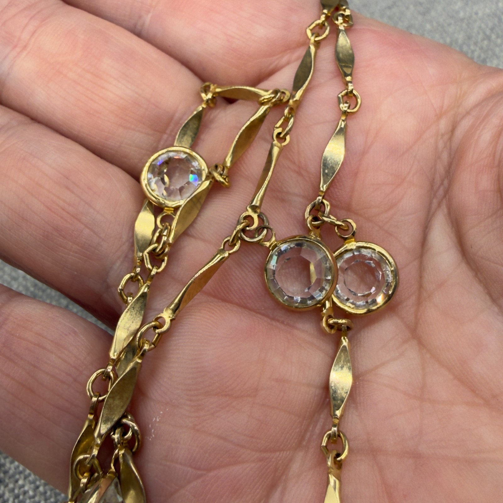 Vintage Station Necklace Gold Tone Bezel Set Crystals Opera Length 50 Inch
