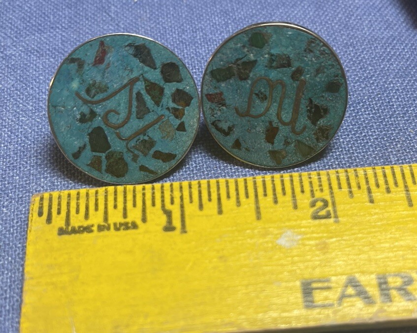 Vintage Sterling Mexico Mosaic Turquoise Screw back Yes /No Earrings 1” Unique