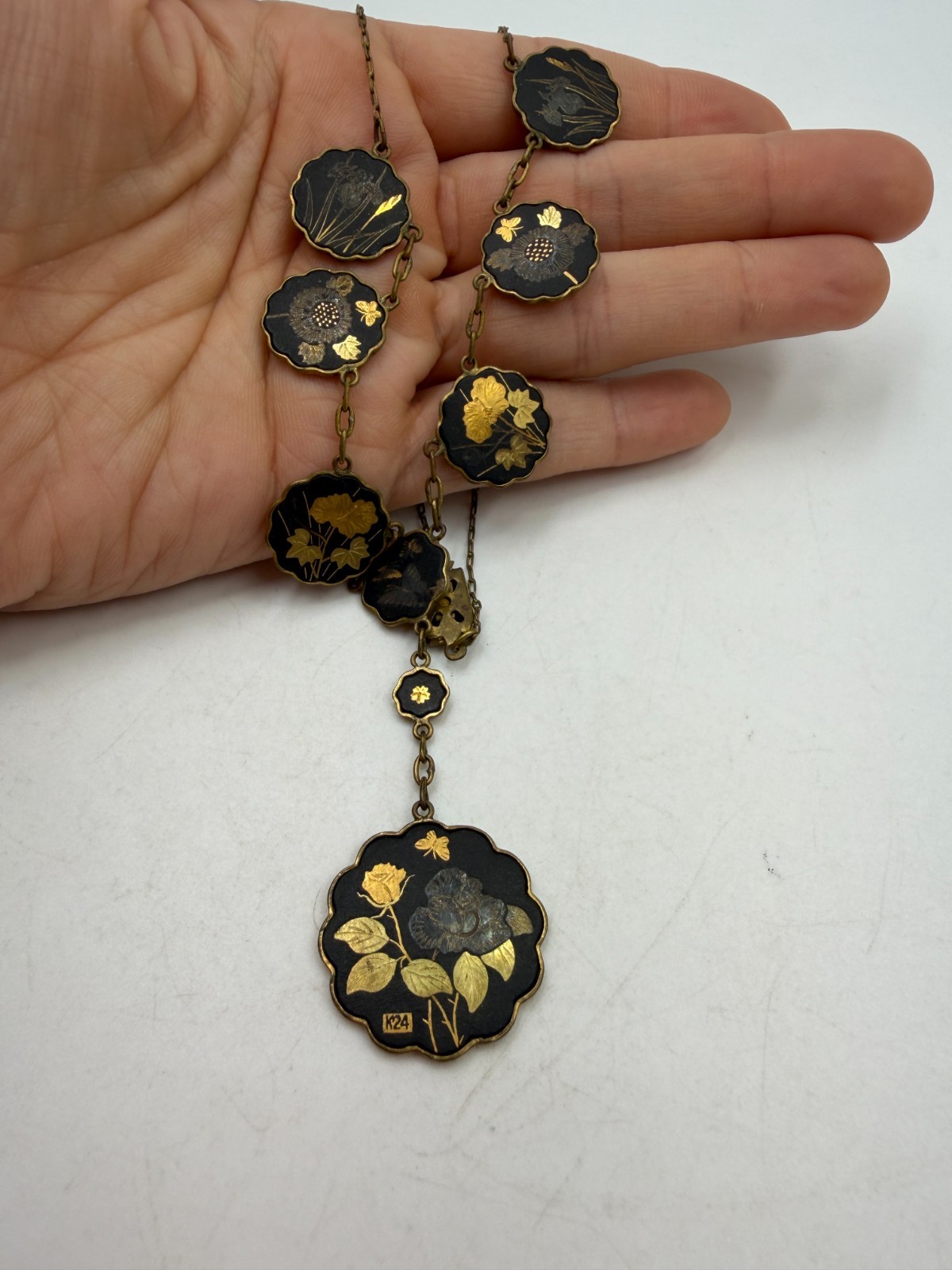 Vintage Necklace Damascene Japan KZ Scenic y-Drop Pendant