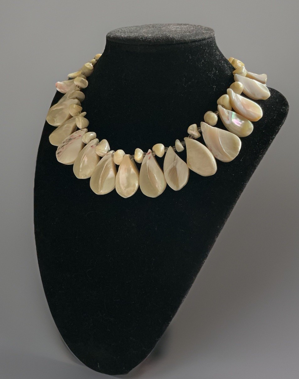 Vintage Mother Of Pearl Fringe Collar Choker Necklace Japan Mid Century