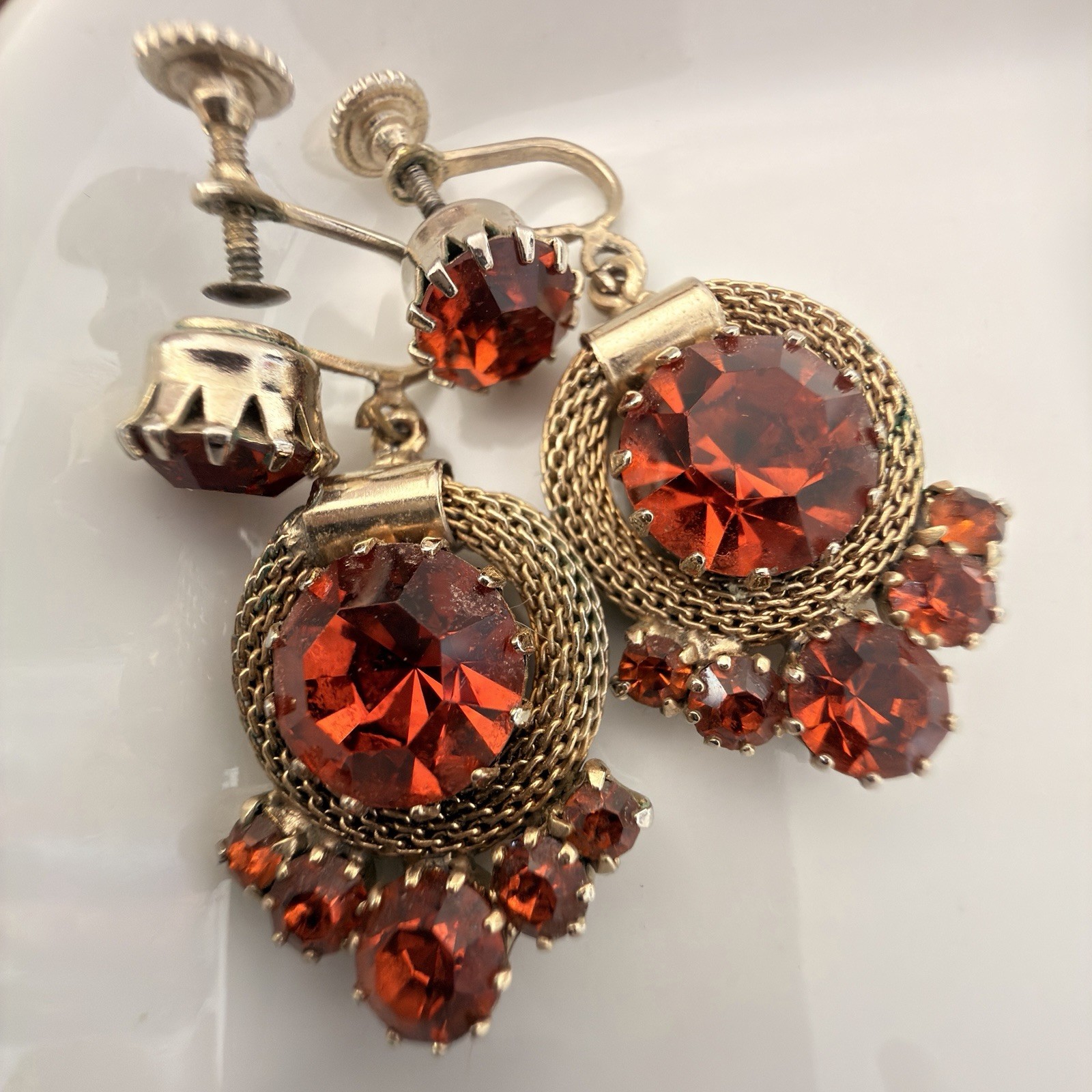 RARE Signed Weiss Fire Opal Red Rhinestone Wreath Brooch Screwback Earrings Set