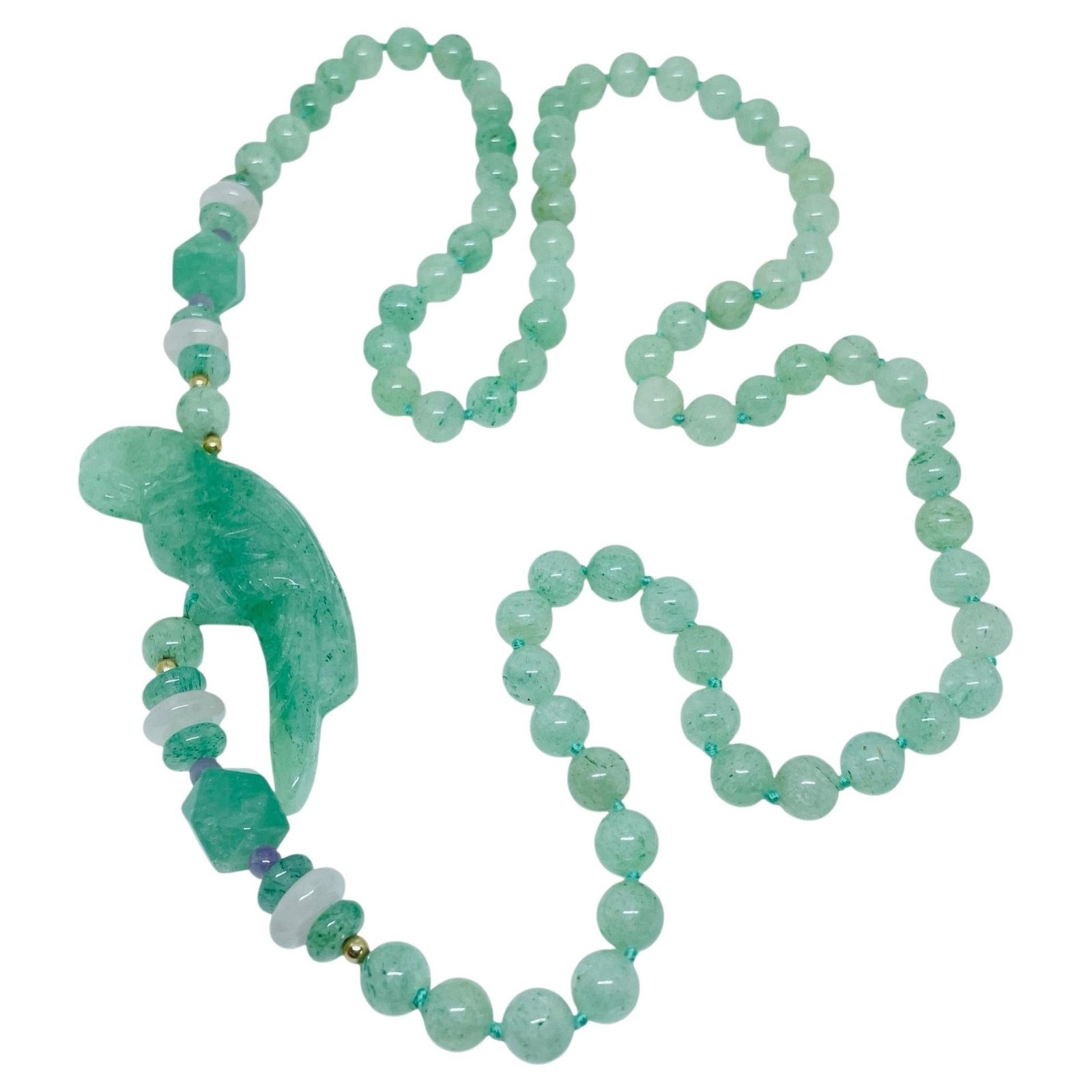 Vintage green jade pink quartz amethyst carved parrot bird beaded long necklace