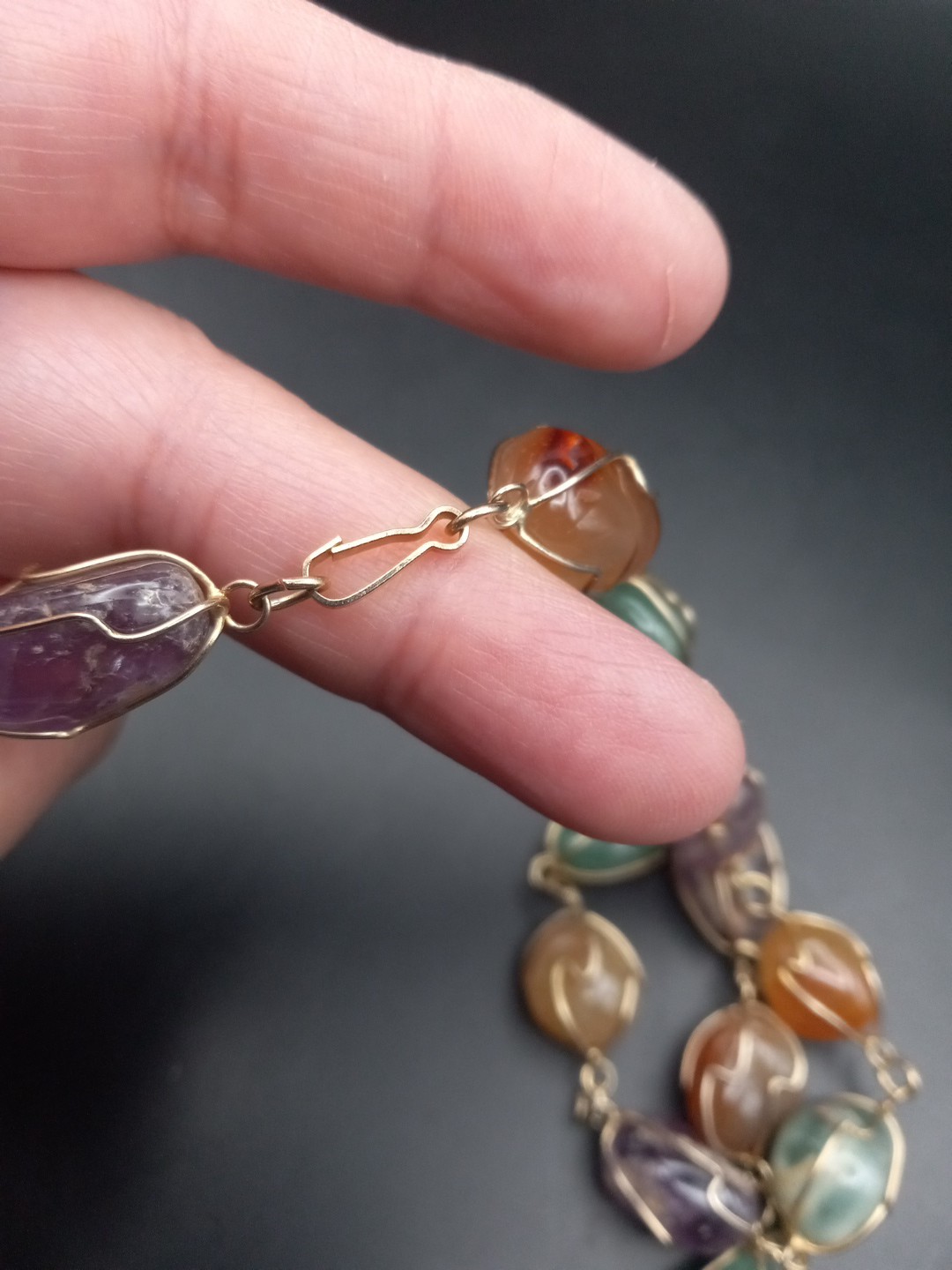 Vintage Amethyst, Jade Agate, Carnelian Goldgilt Wire Long Necklace