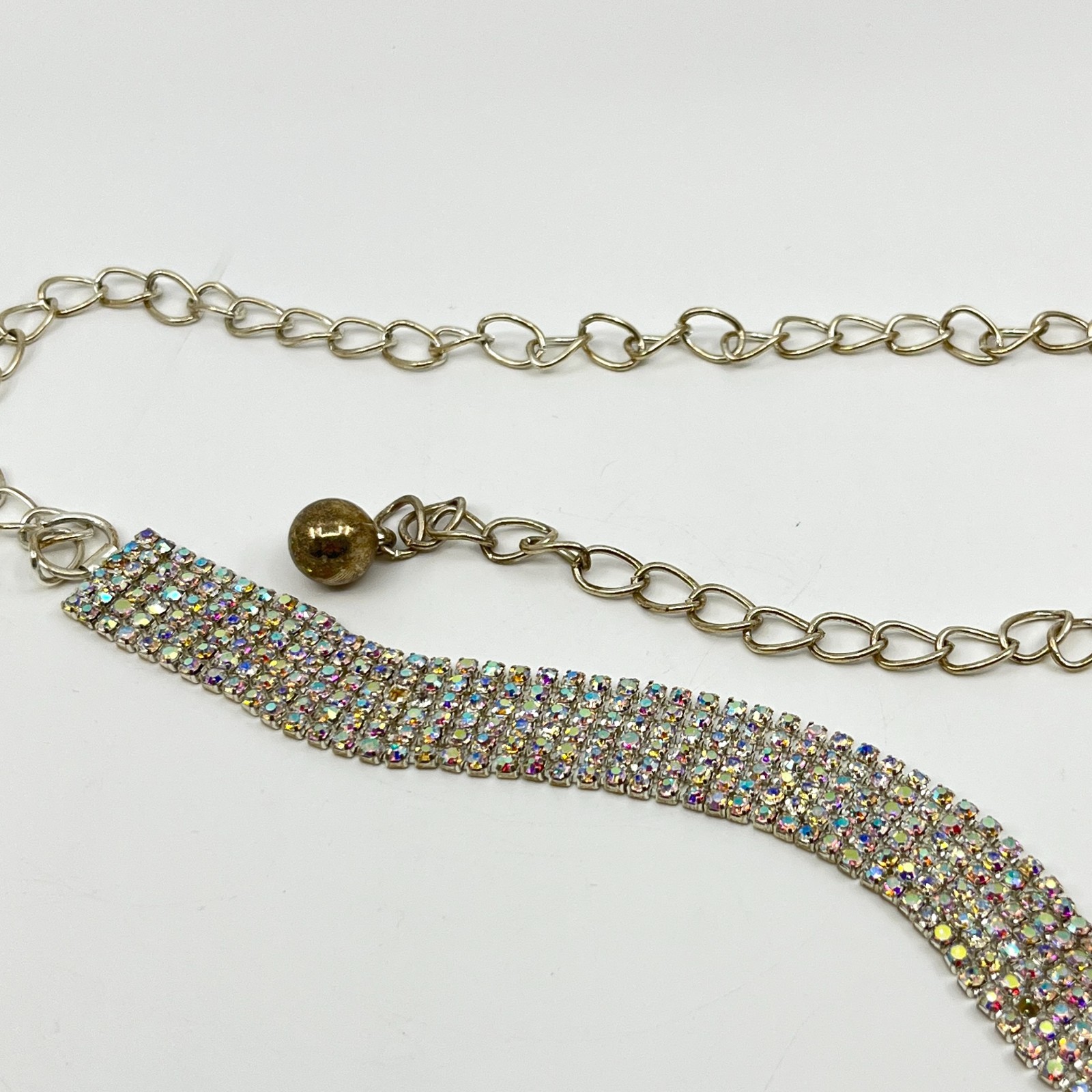 VTG Y2K Silver Multi-Row Aurora Borealis Rhinestone Chain Belt Choker Lobster