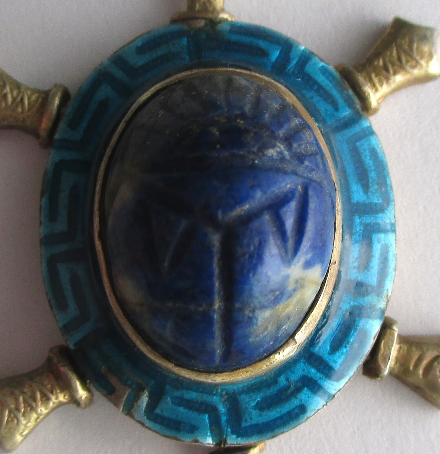 VINTAGE STERLING SILVER EGYPTIAN REVIVAL CARVED LAPIS SCARAB ARTICULATED TURTLE