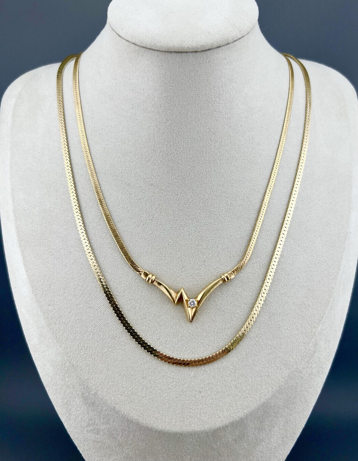 Vintage Herringbone Necklace Lot Abstract Pendant Rhinestone Gold Tone 17” 19”