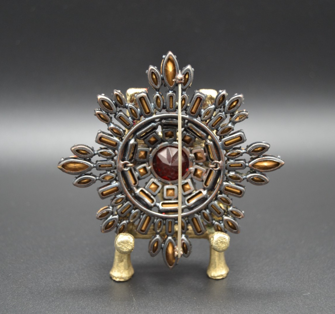 SCHREINER Maltese Cross Brooch RED/BLUE Rhinestones Unsigned Book Piece 3.5 in.