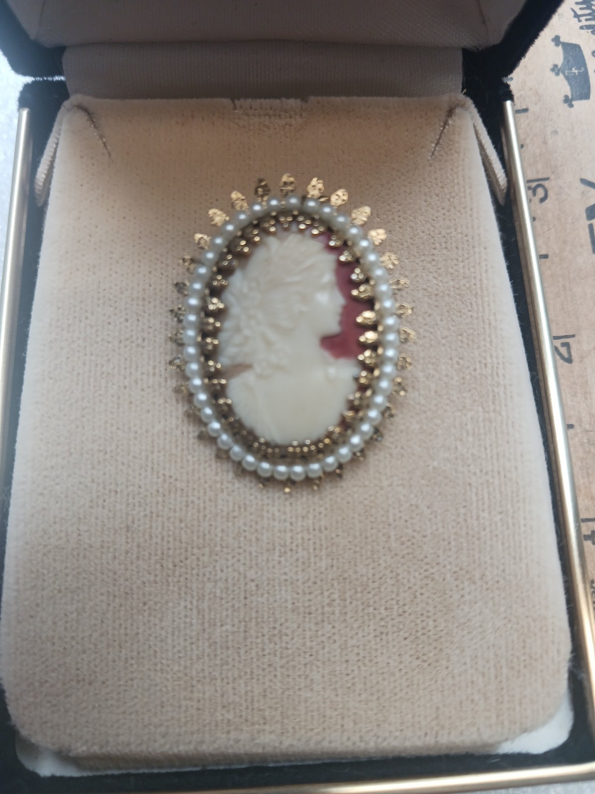 Vintage Cameo Brooch Old Antique Ladies Jewelry Pendant In Box