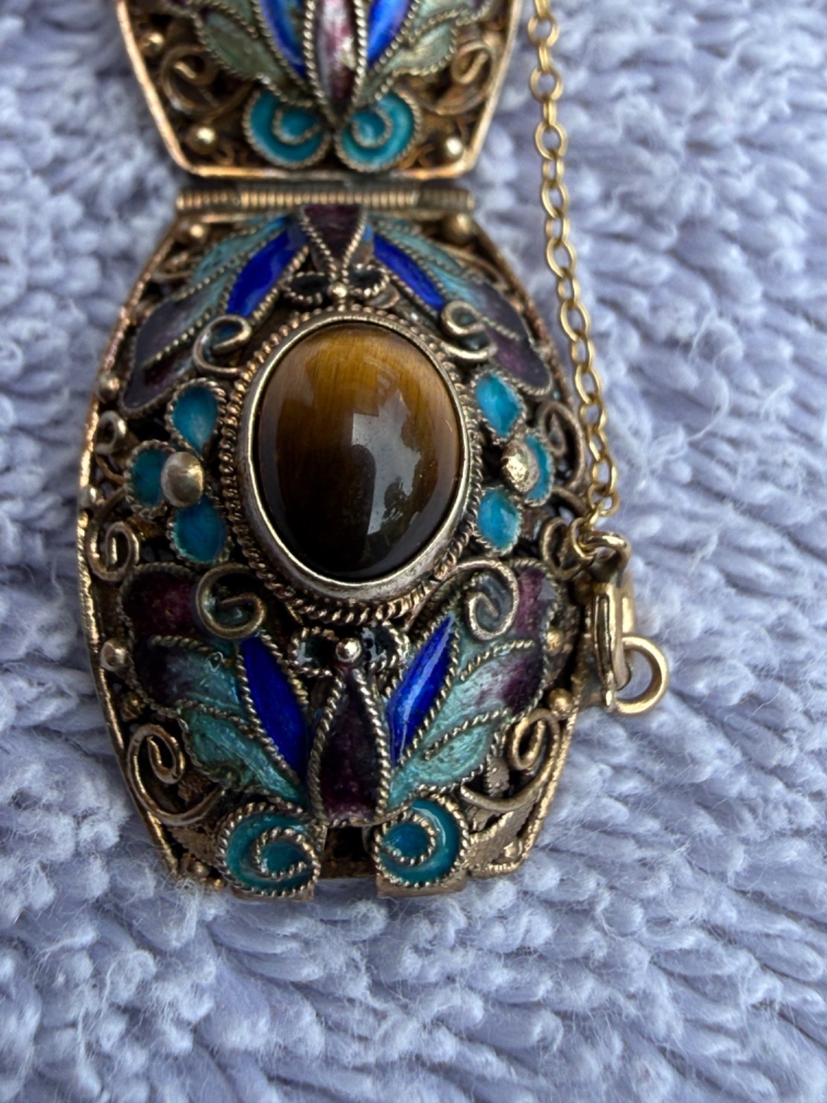 Chinese Export Silver Gilt Filigr Bracelet with Enamel and Tiger’s Eye Cabochons