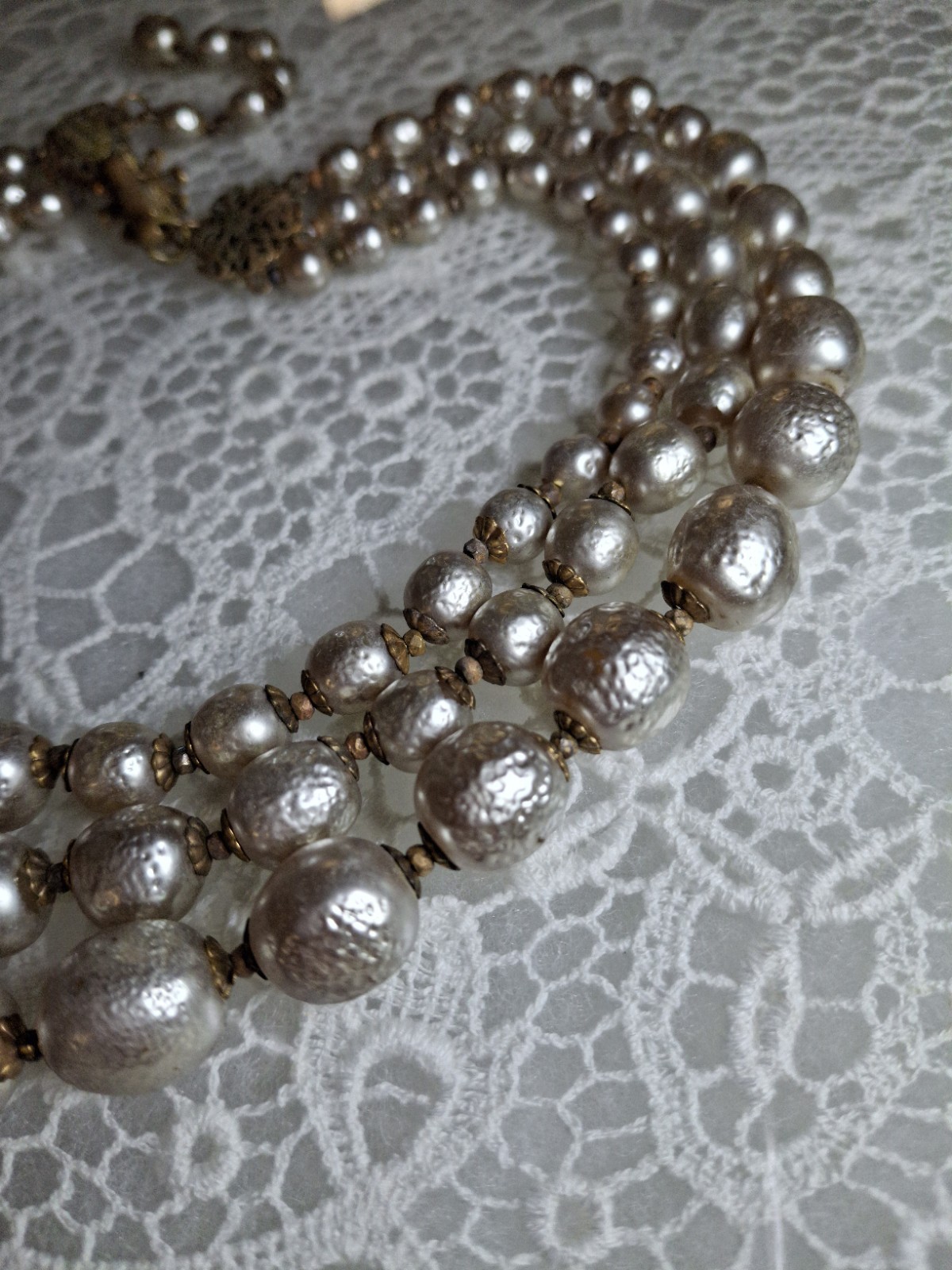 Early Signed Miriam Haskell 3 Strand Silver Niki Baroque Pearl Necklace