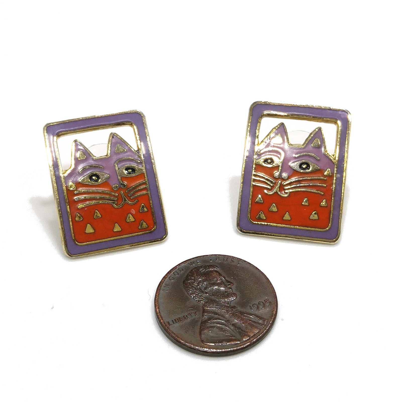 Vintage Laurel Burch “Mallory’s Cat” Post Earrings, Gold Plated, Cloisonne