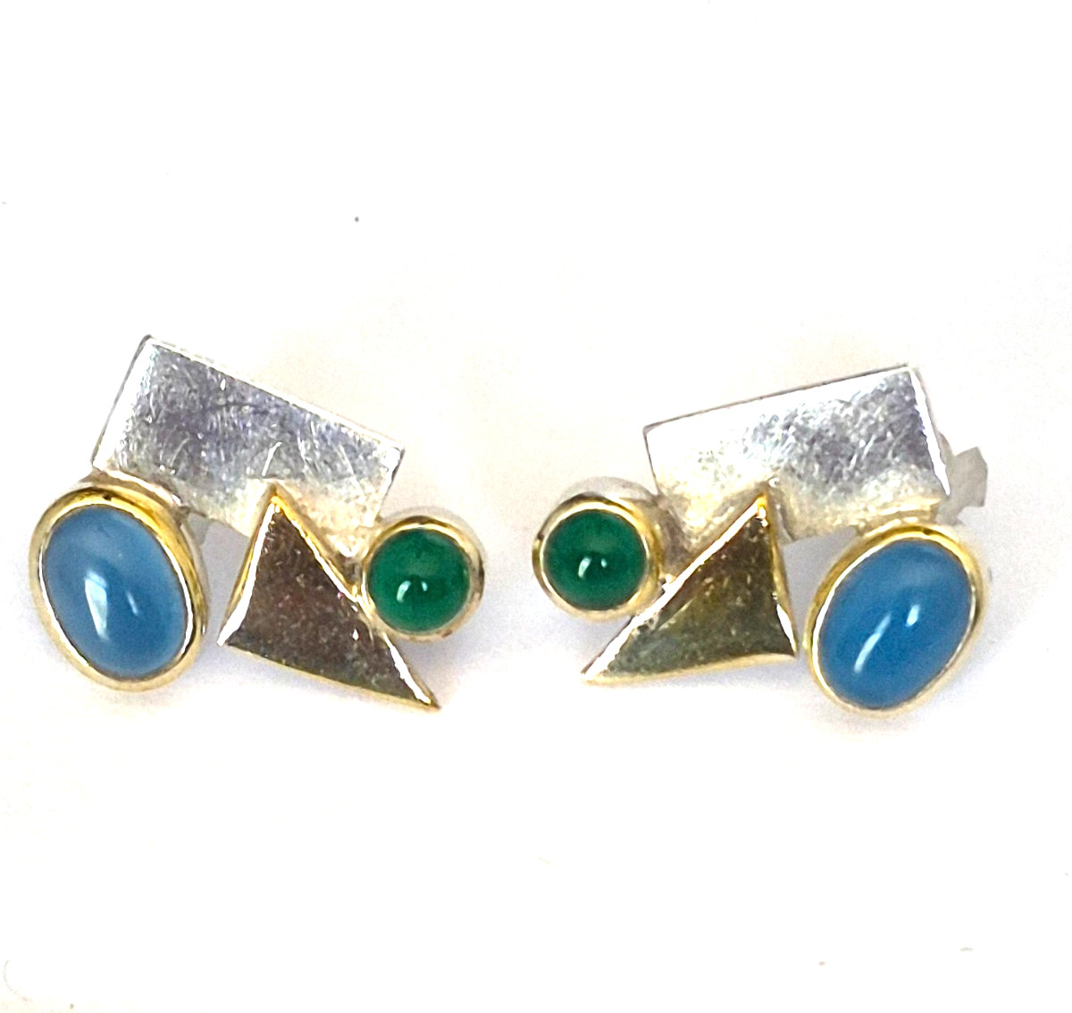 Vintage Sterling,Vermeil, Geometrical Modernist Blue Green Cabochon Earrings