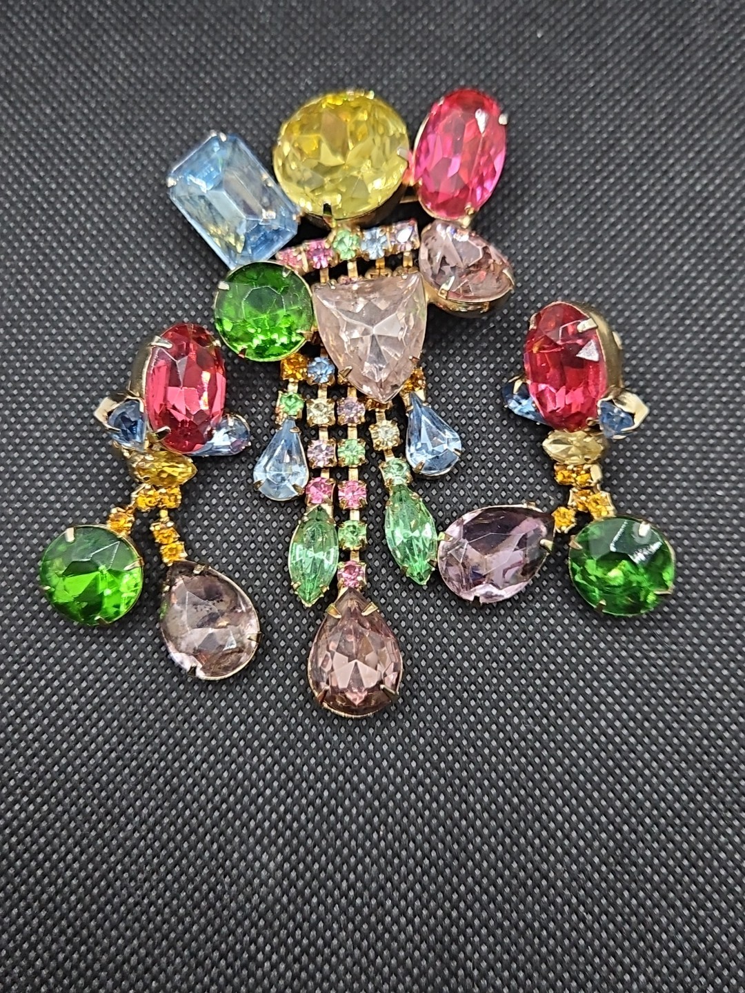 Vintage Chandelier Large Brooch & Earrings Multicolor Rhinestones Set