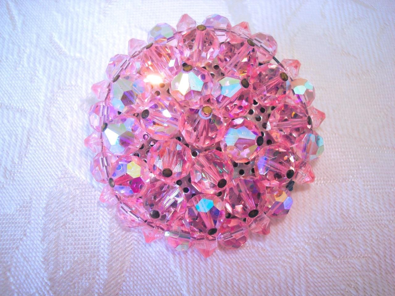Vintage Beaded Cluster Brooch With Pink Crystal Glass & Plastic Beads KJ