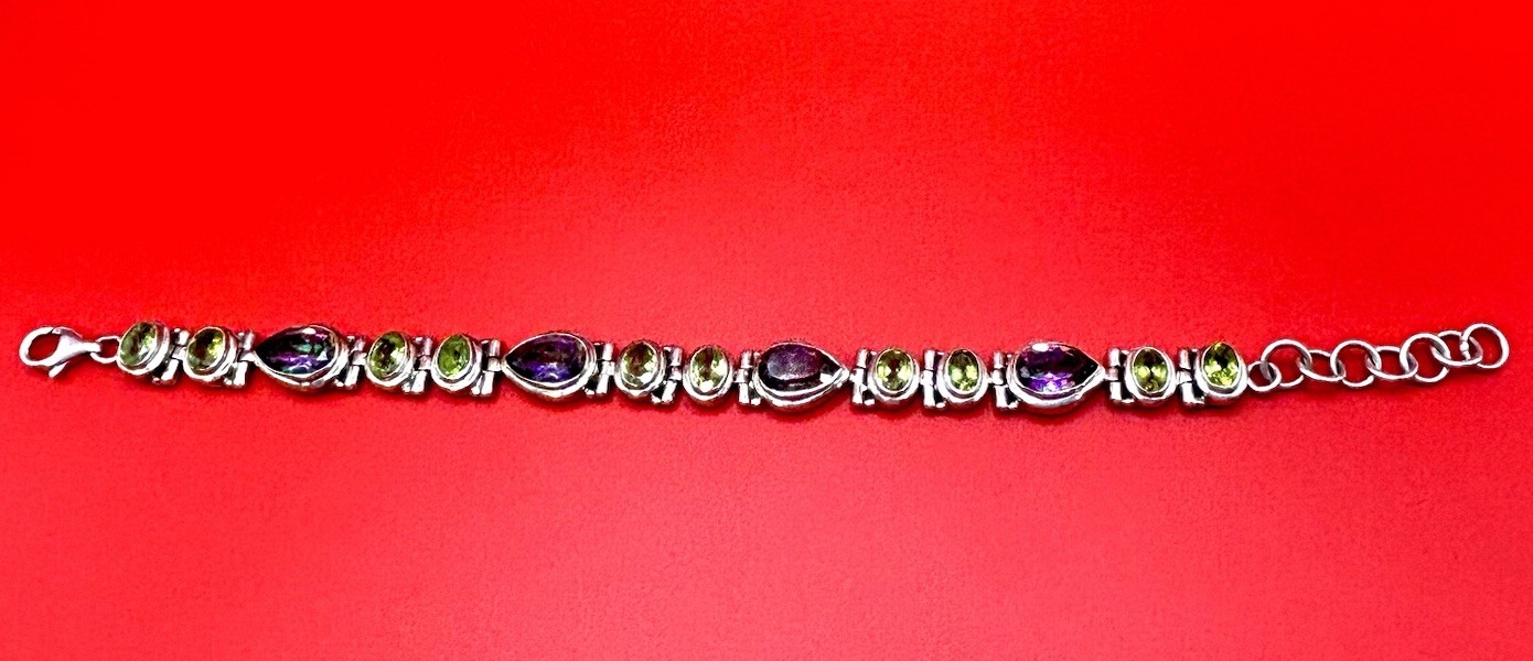 Vintage Sterling Silver Mystic Topaz Peridot Bezel Link Bracelet Adjustable 7-8″