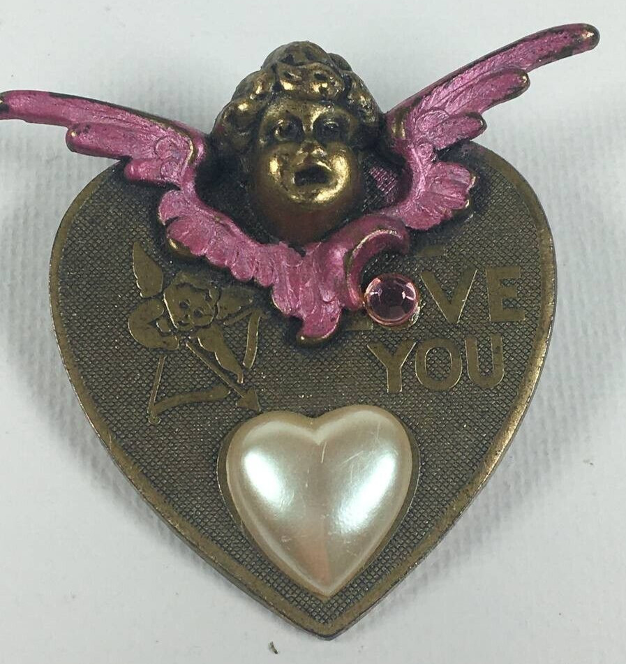 Vintage Heart & Baby Angel Face Brass Pendant Pin Accessories Jewelry