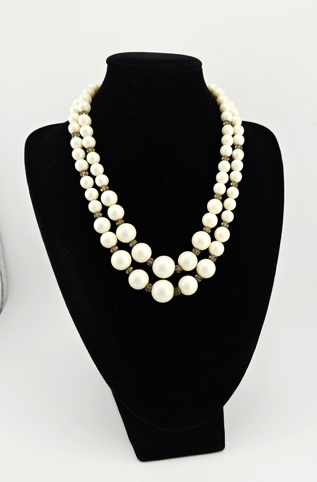 Vintage Double Strand Faux Pearl Necklace Adjustable Hook Clasp 1950s