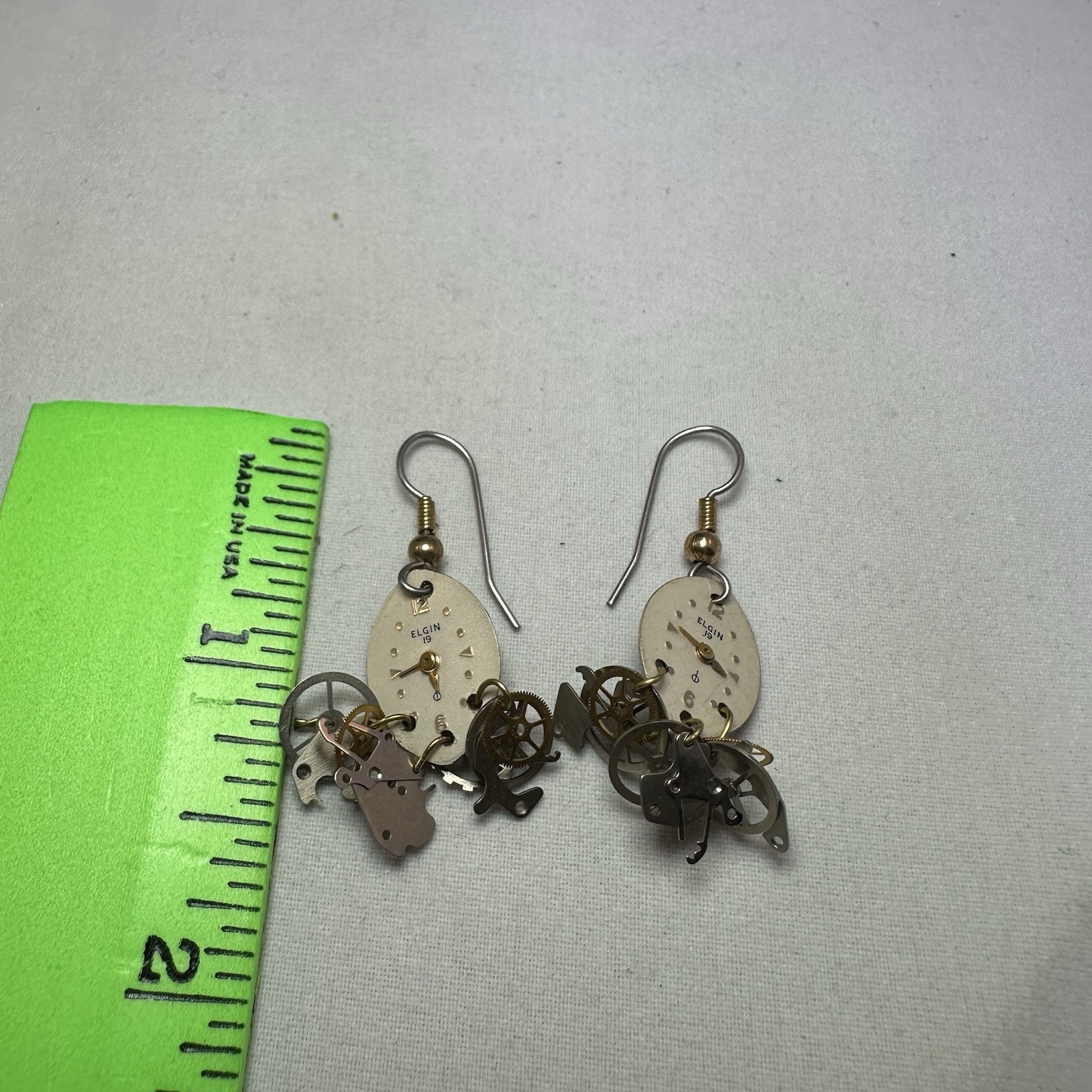 Vtg ELGIN Thin White Dial Dangle Earrings Watch Clock Unique Handmade