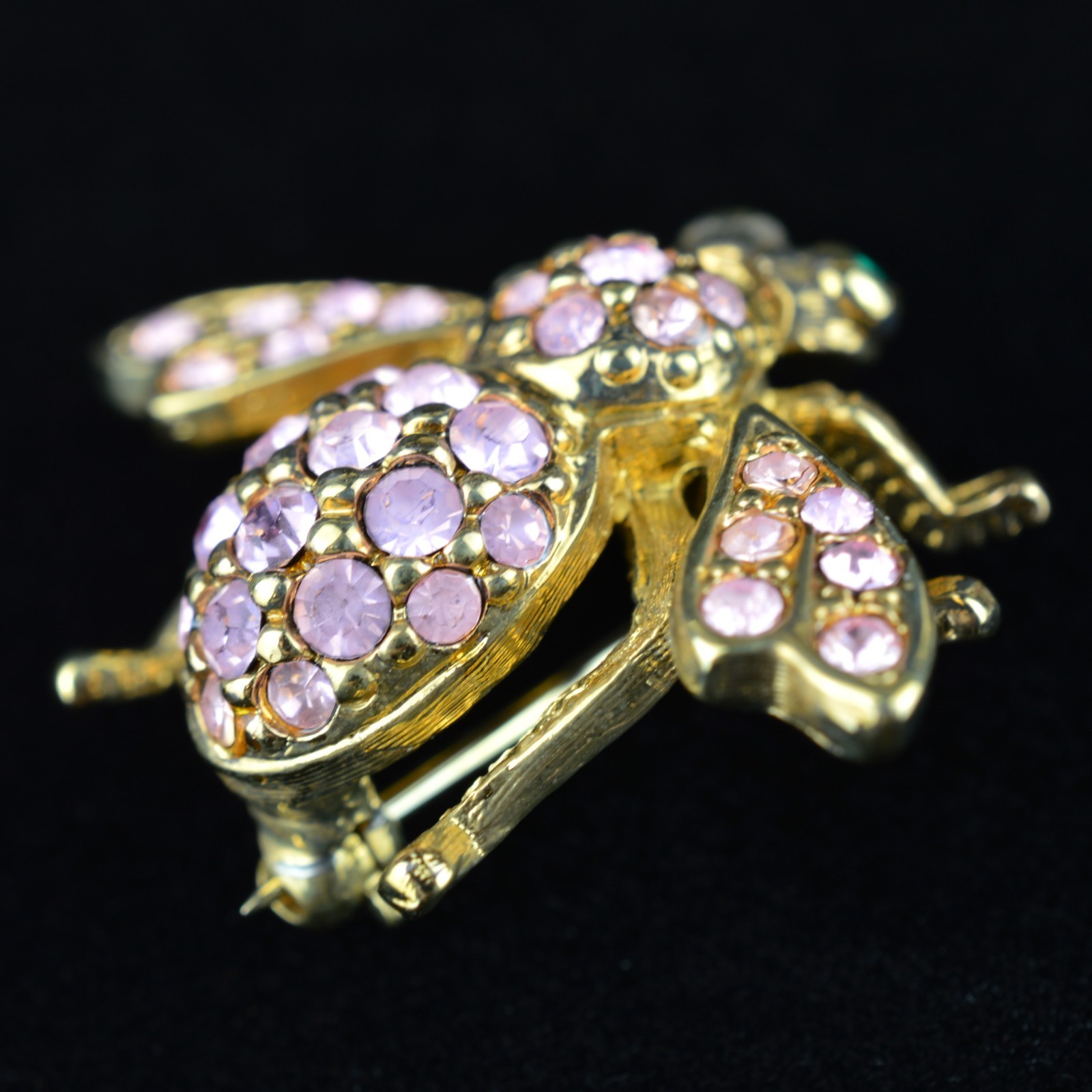 Joan Rivers Bee Pin Signed Pink Rhinestone Brooch Gold Tone Green Eyes Vtg