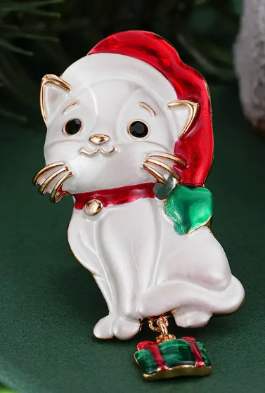 BROOCH-Cute Christmas Cat Enamel and Rhinestone Accents Brooch, Ideal Gift