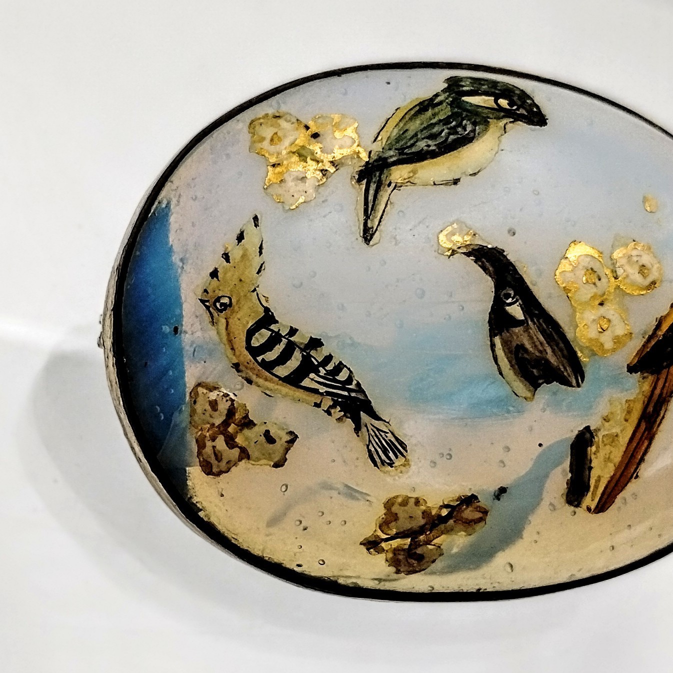 Antique Opalescent Glass Brooch Hand-Painted Birds C Clasp Victorian 1.5″