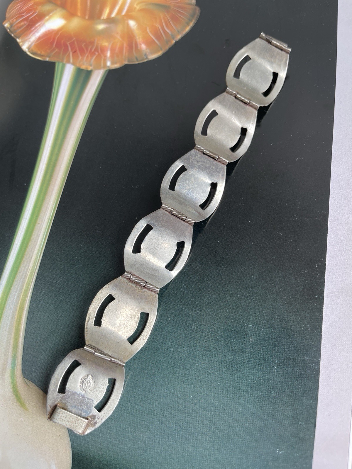 Vintage Taxco Mexico Sterling Silver Black Onyx Panel Bracelet