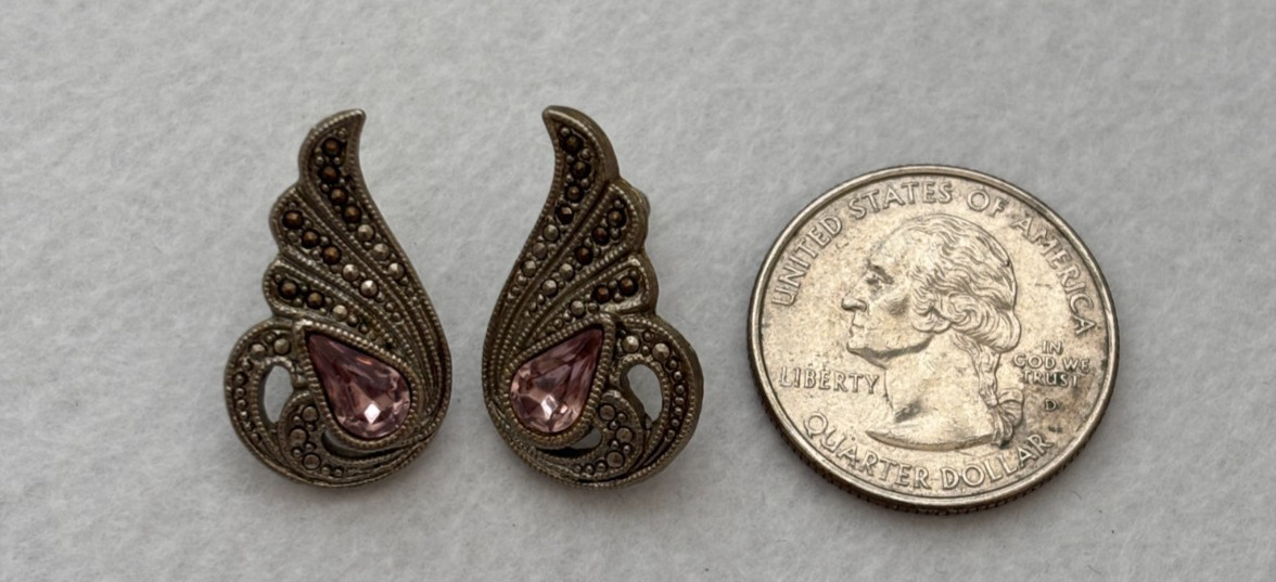 Vintage Pink Teardrop Earrings Marcasite Style Silver Tone