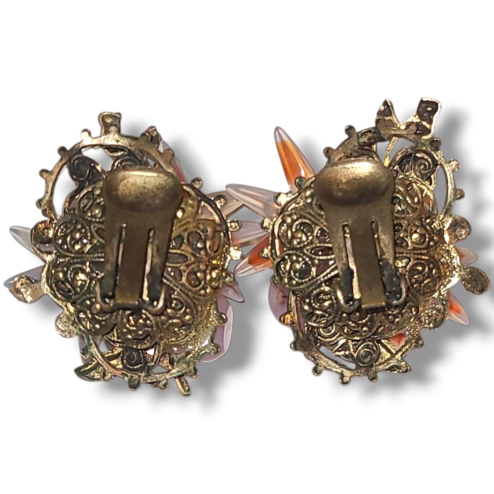 Vintage Opaline Glass Pink Orange Rhinestone Floral Cluster Clip On Earrings