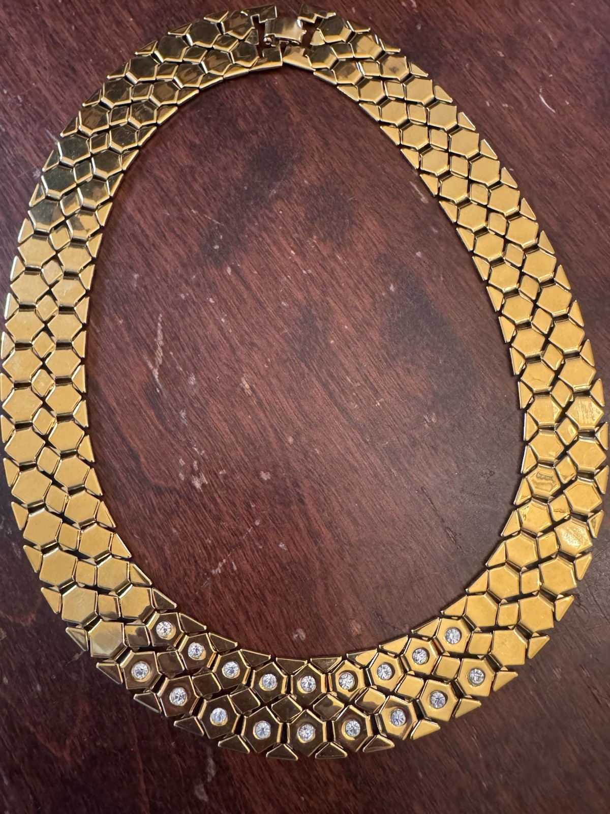 Vintage Monet Gold Tone Honeycomb RHINESTONE Statement 18″ CHOKER Necklace FLAT